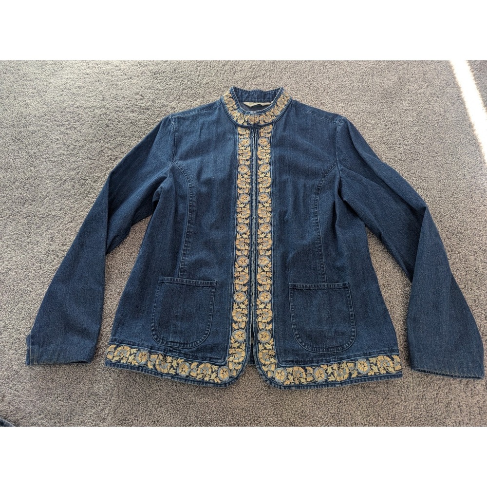 Orvis Jacket Women's M Blue Jean Demin Yellow Floral Embroidered Full Zip
